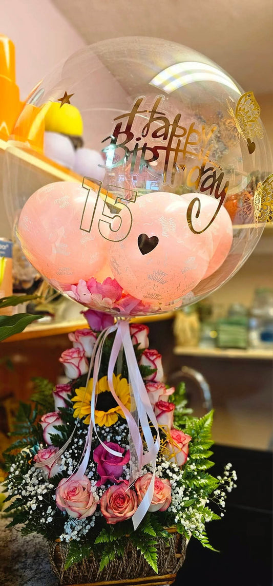 15 Mix Roses Arrangement With Basket and Balloon