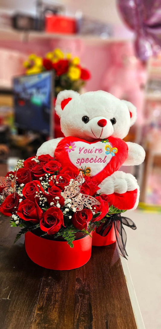 Heart Box With Roses and Teddy Bear