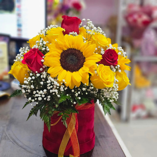 Red Box With Red and Yellow Roses With Sunflowers