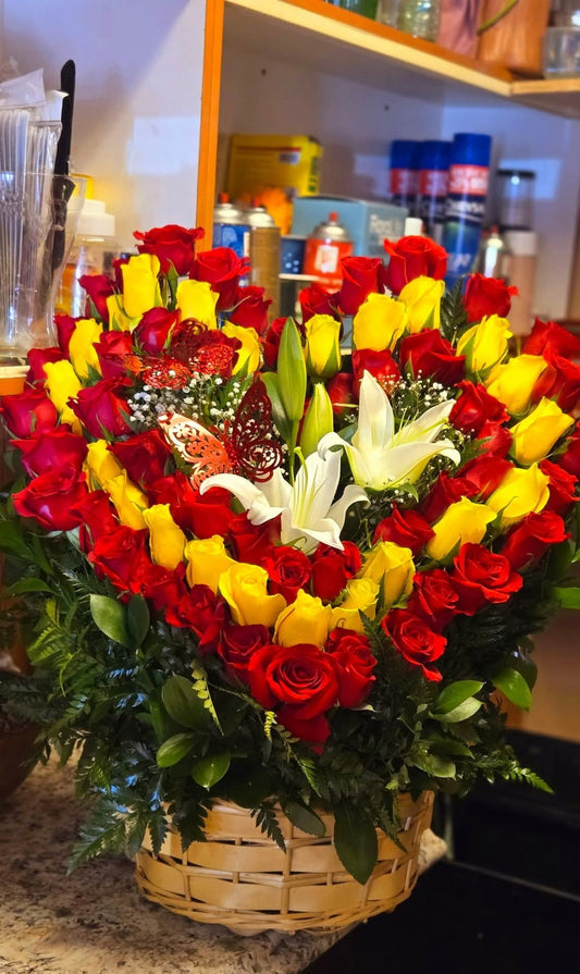Red and Yellow Roses Trio With Lilies in Basket