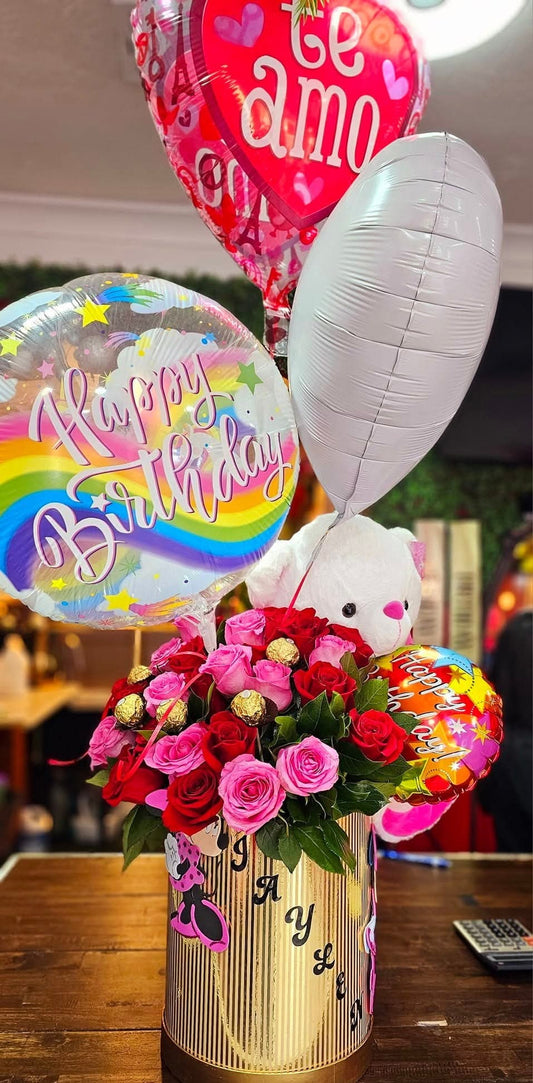 Roses With Teddy Bear and Balloons Arrangement Combo