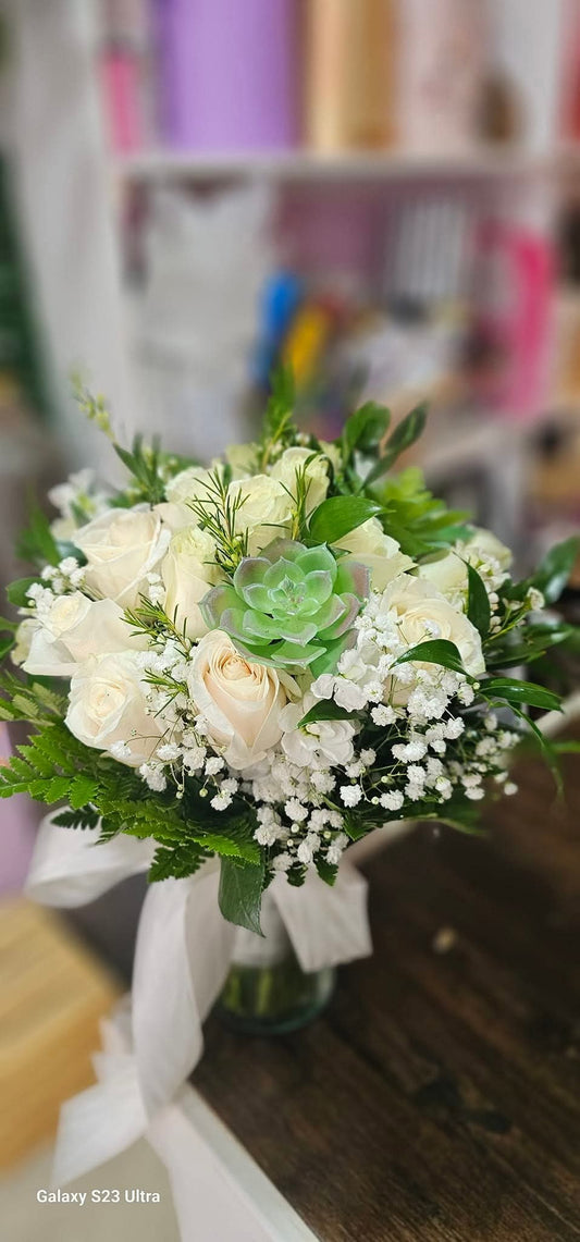 Chic Succulent & White Rose Bouquet - Wedding Accent
