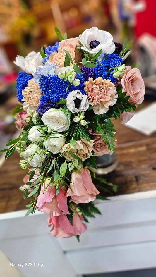 Exquisite Cascading Bridal Bouquet - Blue & Blush Tones